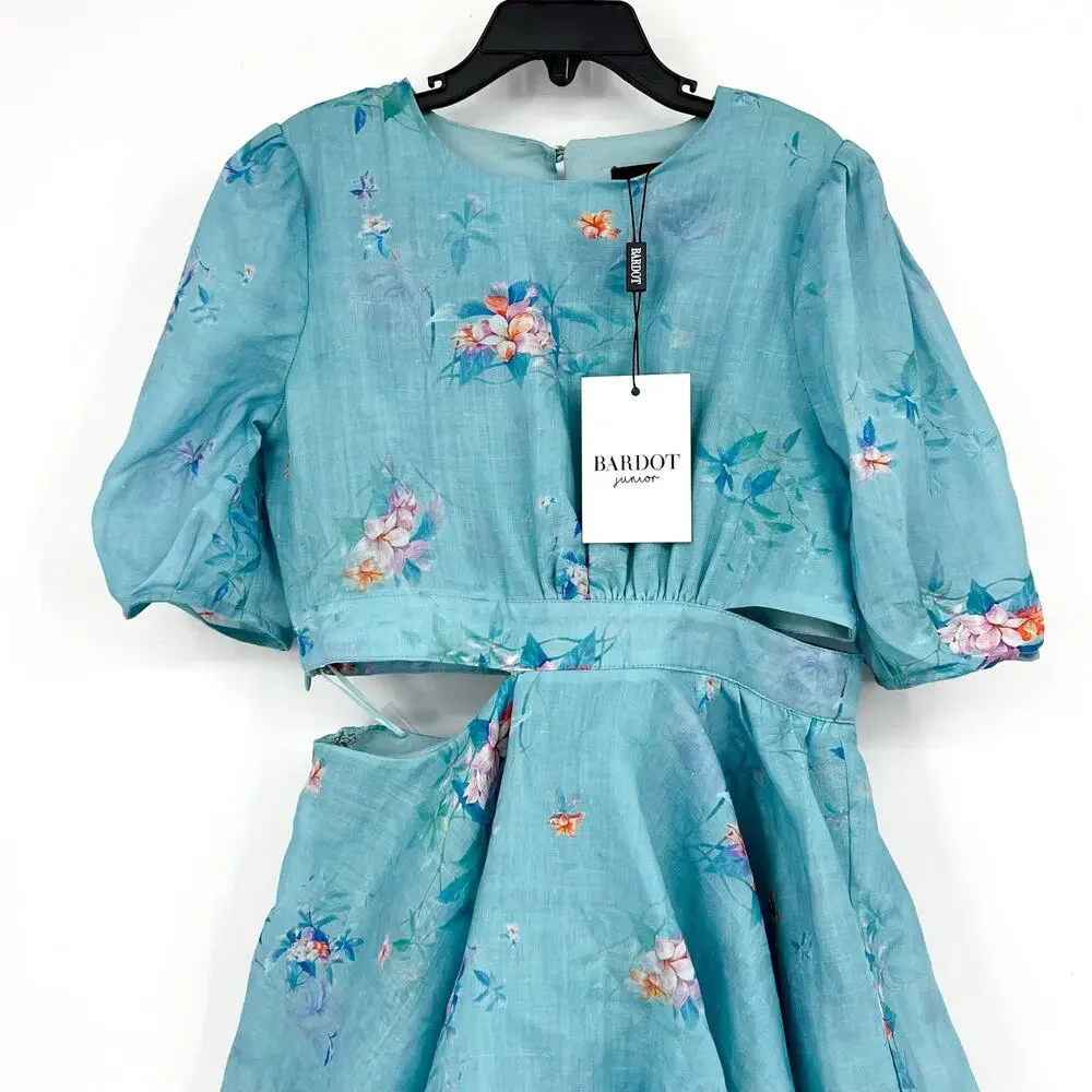 BARDOT Girl's Cindy Floral Cutout Dress Size 8 SMALL Blue Flora Puff Sleeve NWT
